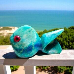 MCM Style Blue Stone Fish Figurine Chrysocolla Look Red Eyes Unique Decor Rare